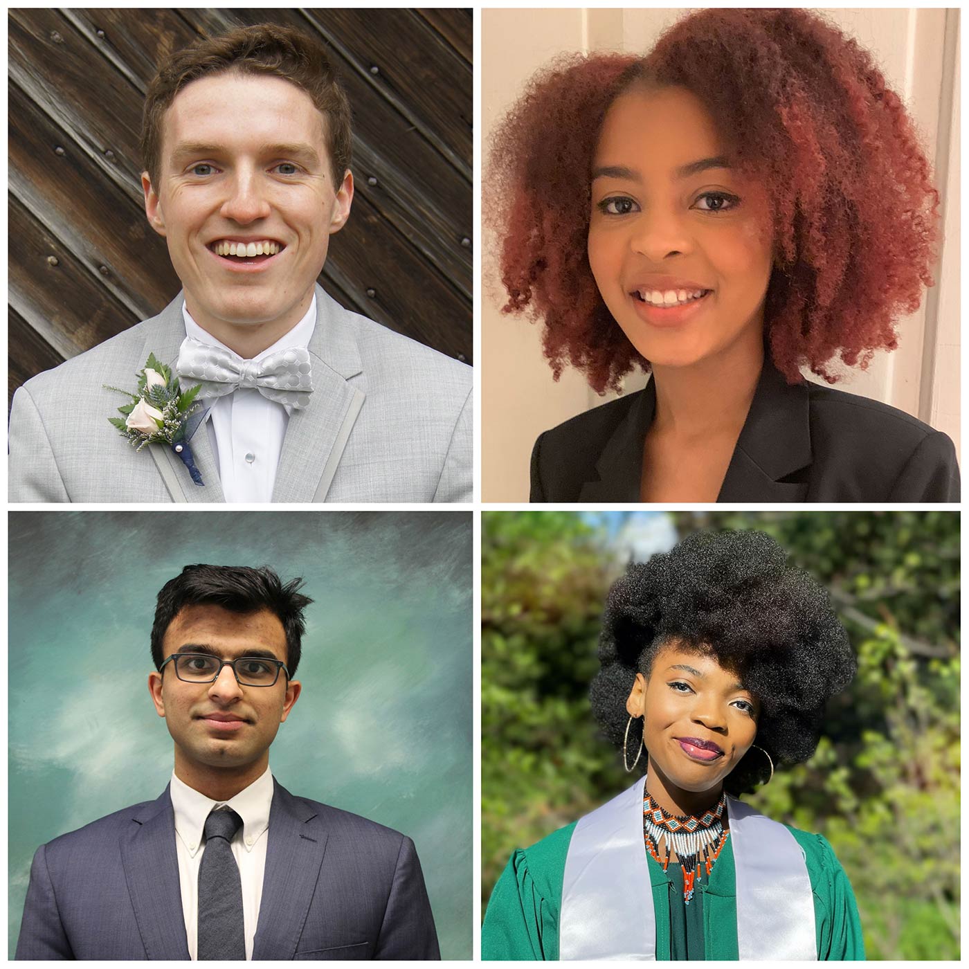 2021 Marshall and Rhodes Scholarship finalists: Andrew McDonald, Jasmine Jordan, Vishnu Kannan and Abii-Tah Chungong Bih