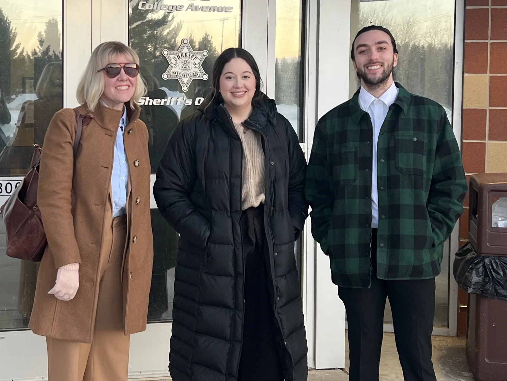 Public defender Diane Kay-Hougaboom and law students Stephanie Leavens and Borna Mafie after meeting with a client at the Delta County Jail in Escanaba, Michigan.