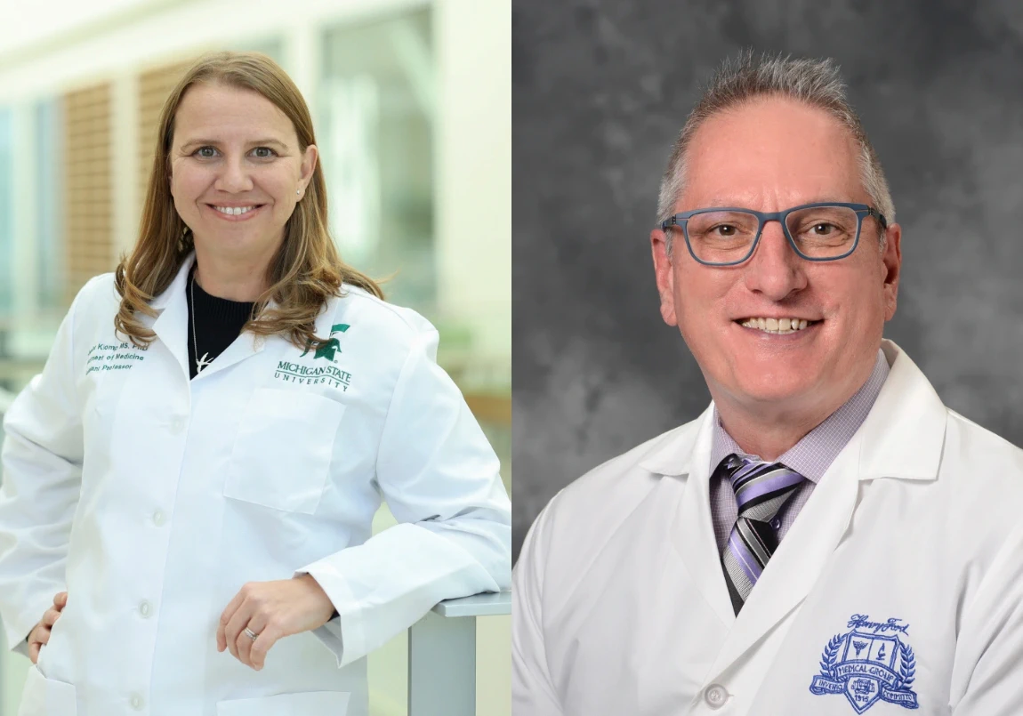 Two photos side by side, the left photo is of a woman smiling and posing in a Michigan State University lab coat and the photo on the right is a portrait of a man wearing glasses and a lab coat over a purple shirt and tie