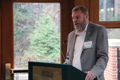 Interim Provost Thomas Jeitschko speaks at the March 20 Lansing cohort program launch event at Cowles House. 