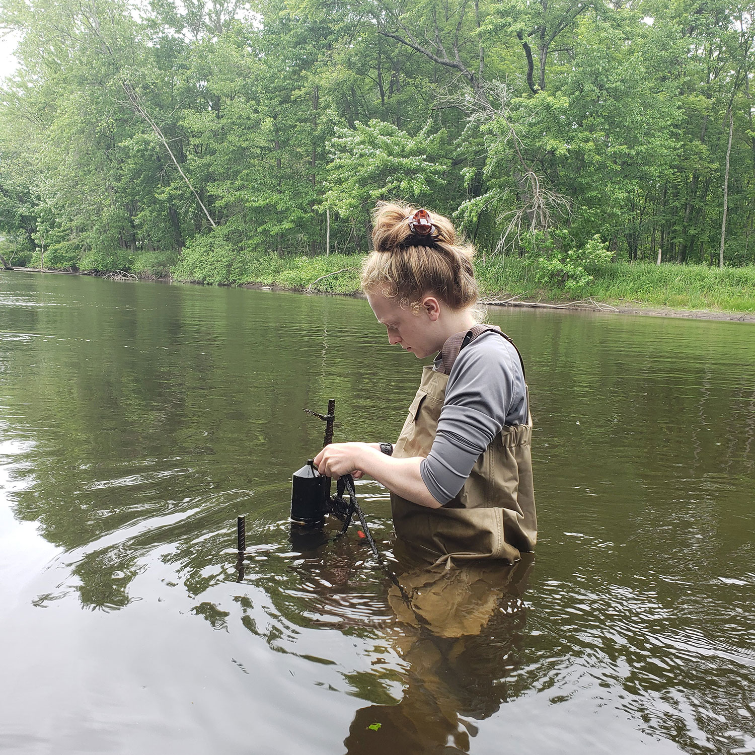 A person wearing brown waders and a gray long-sleeve shirt stands knee-deep in a calm river, adjusting a black device with multiple rods. The river is surrounded by dense green trees on both sides. The person has light-colored hair tied up in a bun.